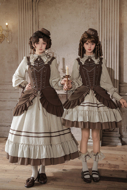 At Sunset Round-Collar Lantern-Sleeved Double-Layered Printed Ruffled Classic Lolita Dress in Beige and Brown, 2 Versions