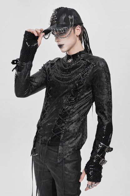 Men's Punk Blouse with Lace-Up Front and Chain Accents