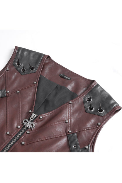 Crimson Studded Faux Leather Men's Punk Vest