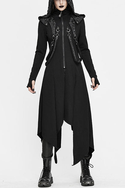 Women's Punk Slim Knitted Hooded Long Coat with Zip Front