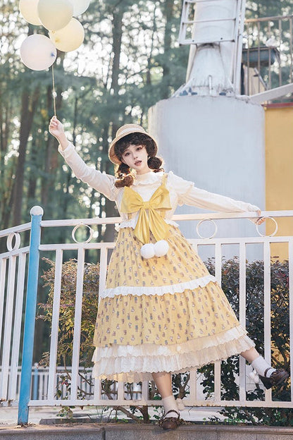 Golden Stuffed Bear Print Bow Sweet JSK Dress