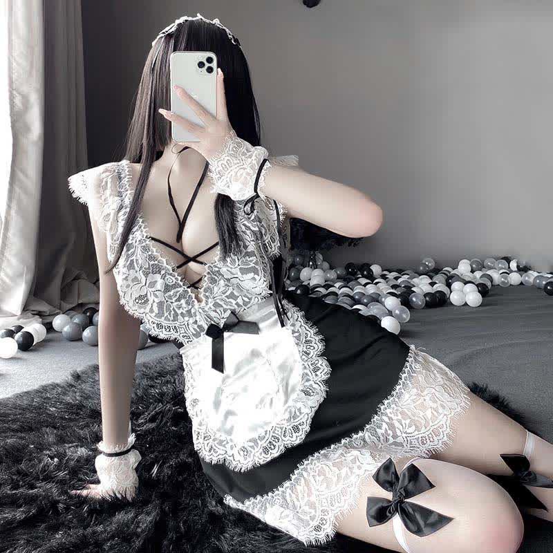 Cosplay Schwarzes Schleife Dienstmädchen Dessous Kleid aus tiefer Spitze