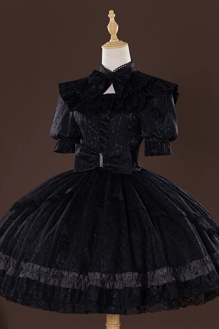 Gothic Lolita Jacquard Bow Lace-Up Short-Sleeve Dress Set Gardener Style