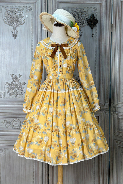 Golden Long-Sleeve Ruffled Bow Sunflower Elegant Dress