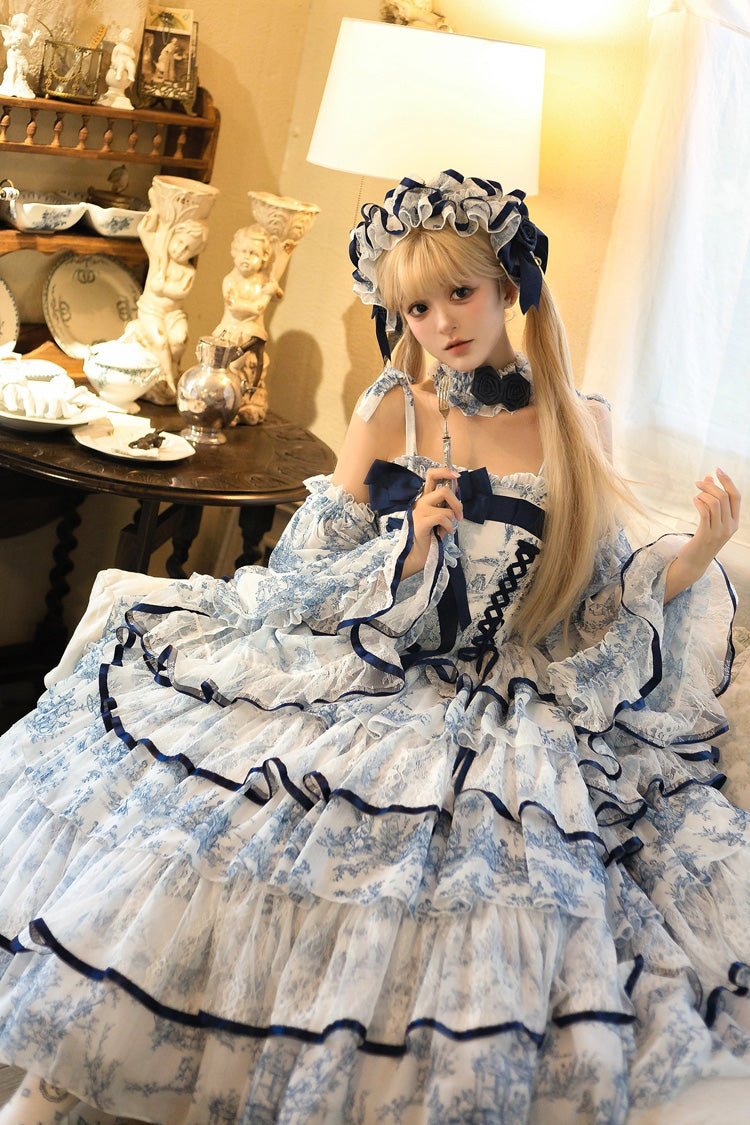 Blue White Sleeveless Multi-Layered Print Bowknot Fishbone Sweet Classic Chinese Style Lolita Jsk Long Dress