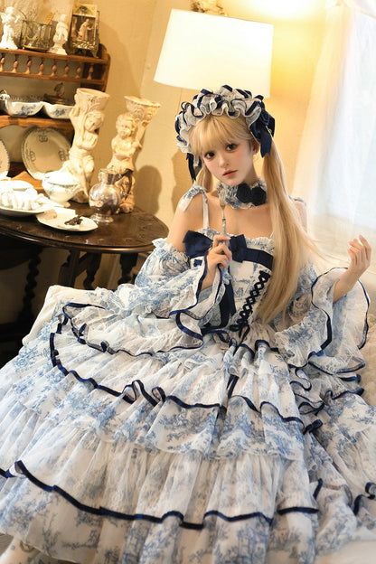 Blue White Sleeveless Multi-Layered Print Bowknot Fishbone Sweet Classic Chinese Style Lolita Jsk Long Dress