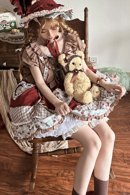 Cherry Pattern Short-Sleeved Ruffled Embroidered Layered Dress