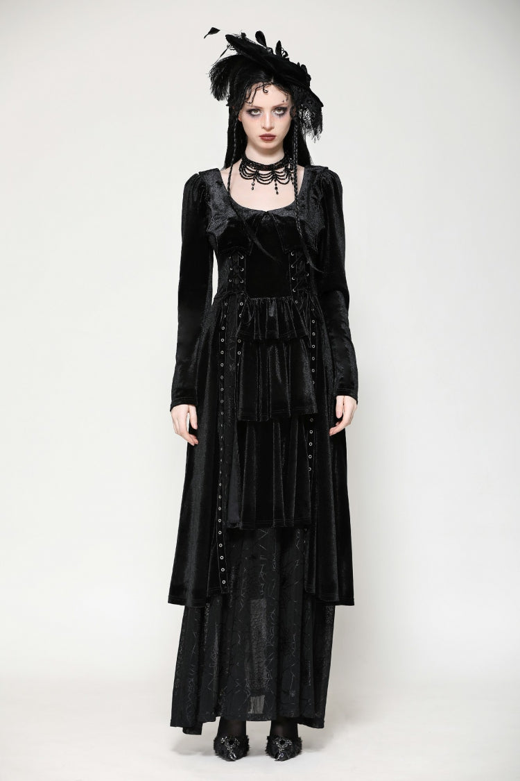 Coal Eyelet Side Slit Gothic Maxi Gown with Long Sleeves