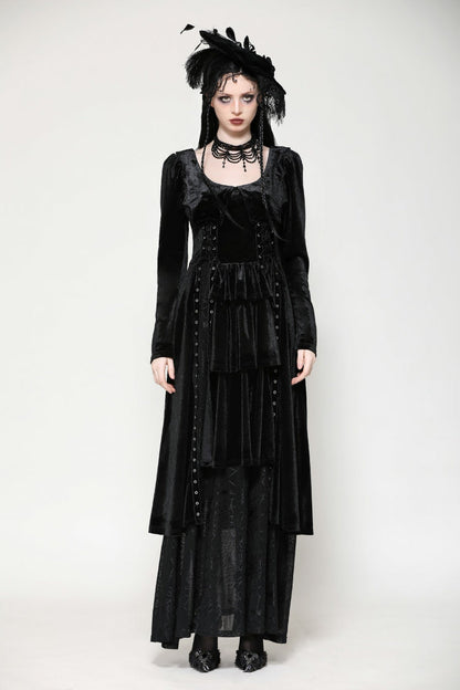 Coal Eyelet Side Slit Gothic Maxi Gown with Long Sleeves
