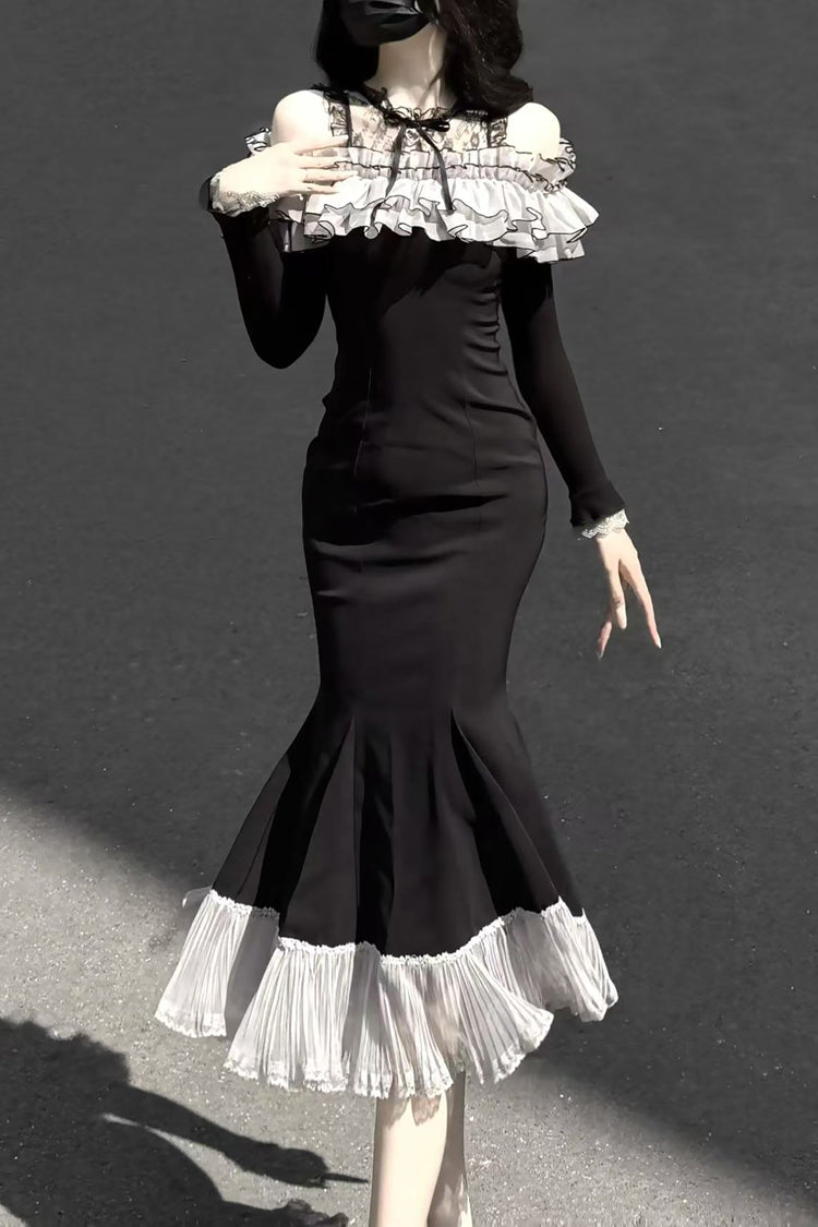 Ruffled Bowknot Fishtail Sweet Elegant Long-Sleeve Dress