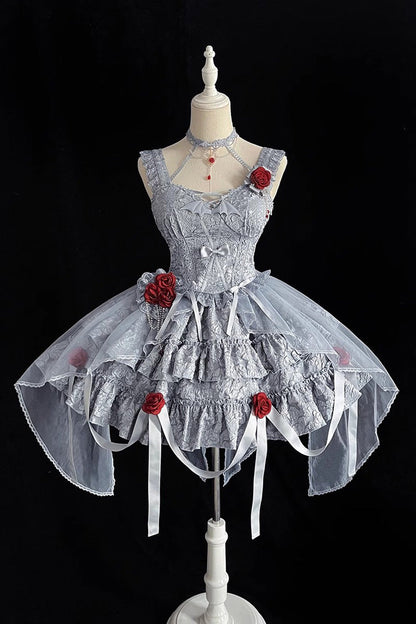 Weeping Rose Double-Layer Ruffle Embroidered Bow Lace Gothic Ballet Set
