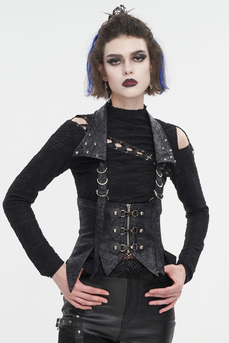 Lace-Up Black Asymmetric Gothic Vest with Detachable Collar