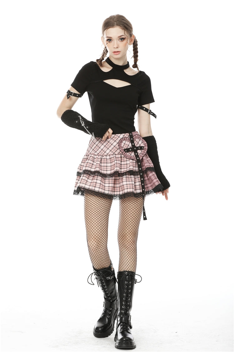Pink Heart Plaid Double-Layer Ruffled Mini Skirt with Lace Hem