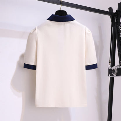 Lapel Shorts T-Shirt Colorblock Denim Belted