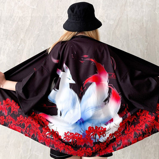 Vintage Anime Fox Blossom Print Cardigan Outerwear