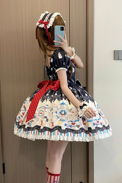 Square Collar Printed Bowknot Lace Sweet Dress