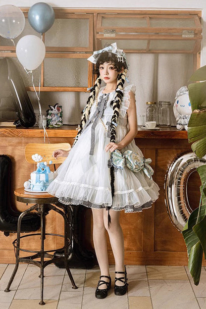 White Blue Sleeveless Diamond Plaid Bow Sweet Lolita JSK Dress