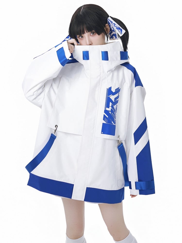 Blue and White Jirai Kei Techwear Straps Hooded Windbreaker Jacket