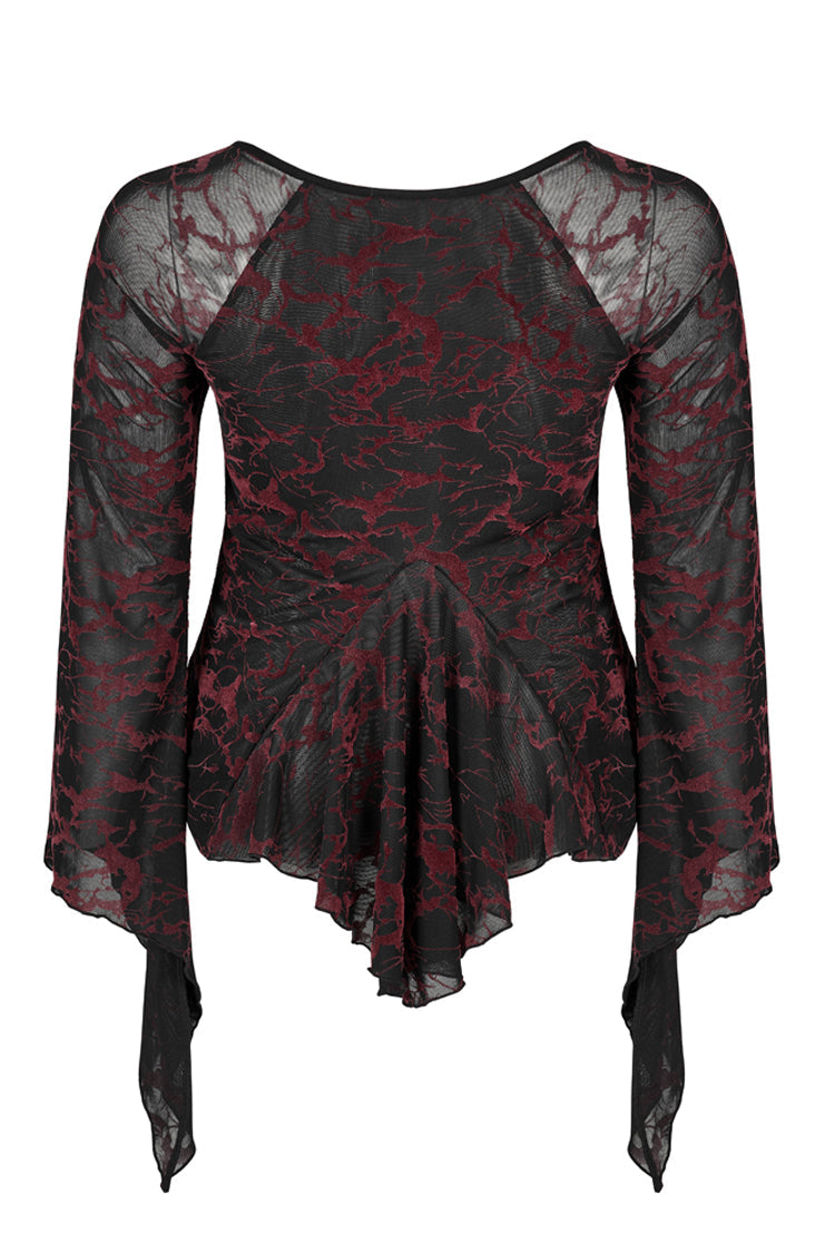V Neck Stretch Mesh Abstract Pattern Flared Cuffs Plus Size Gothic Tee
