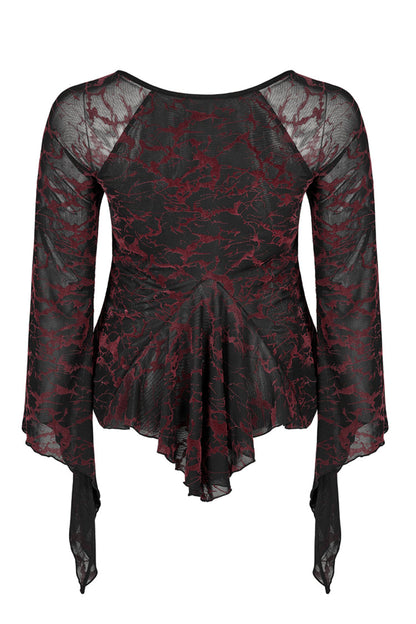 V Neck Stretch Mesh Abstract Pattern Flared Cuffs Plus Size Gothic Tee