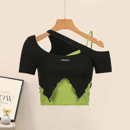 Oblique Colorblock Top Pocketed Pants Cargo Crop