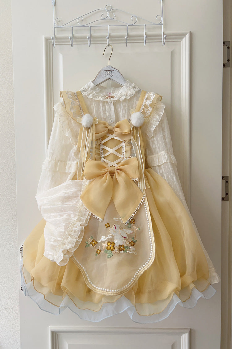 Moon Rabbit Shadow Embroidery Ruffle Bow Lace Sweet Lolita JSK in Yellow