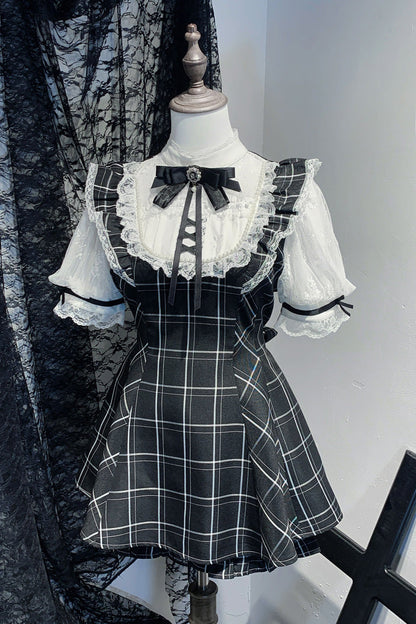 Print Bowknot Lace Gothic Jirai Kei Dress Set