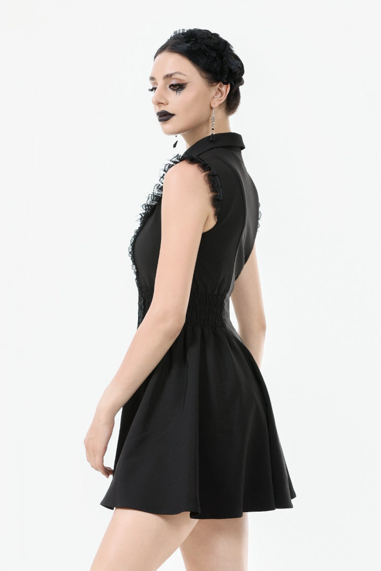 Obsidian Lapel Collar Sleeveless Lace Button-Front Gown - Graduation
