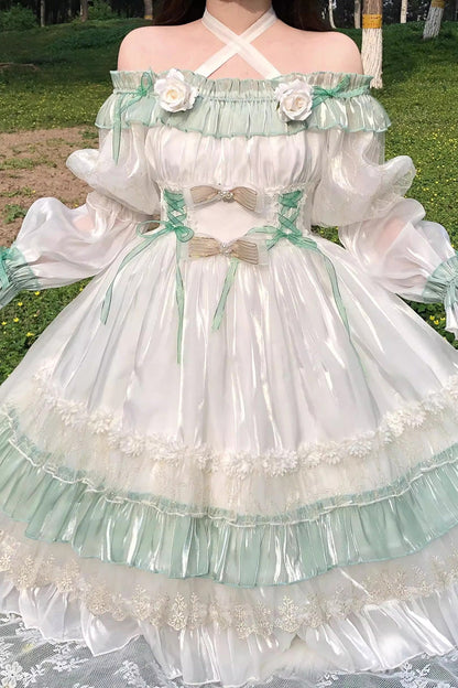Emerald Ruffled Lace-Up Princess Lolita Dress - Spring Boliya