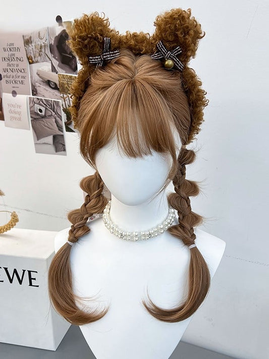 Brown Synthetic Wig With Full Bangs and  Double Braided Ponytails