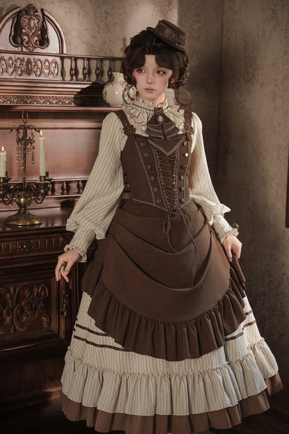 At Sunset Round-Collar Lantern-Sleeved Double-Layered Printed Ruffled Classic Lolita Dress in Beige and Brown, 2 Versions