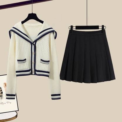 Set Sailor Collar Sweater Casual Cable Skirt Pleated Pants