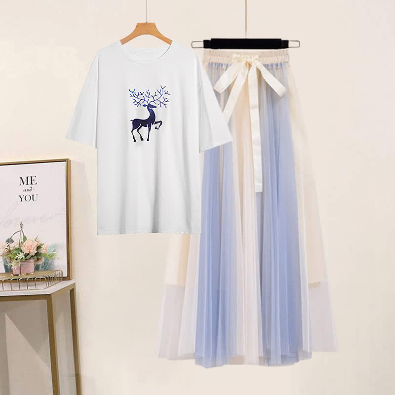 Print Round Collar T-Shirt Bow Knot Tulle Skirt