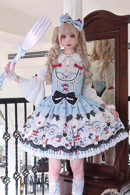 Sleeveless Ruffle Bow Lace JSK with Print