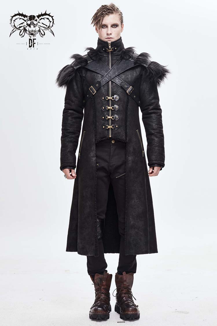 Men's Punk Coat with Fur Cape and Metal Hasp