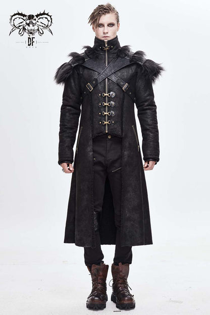 Men's Punk Coat with Fur Cape and Metal Hasp