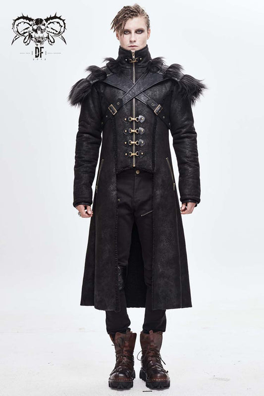 Men's Punk Coat with Fur Cape and Metal Hasp