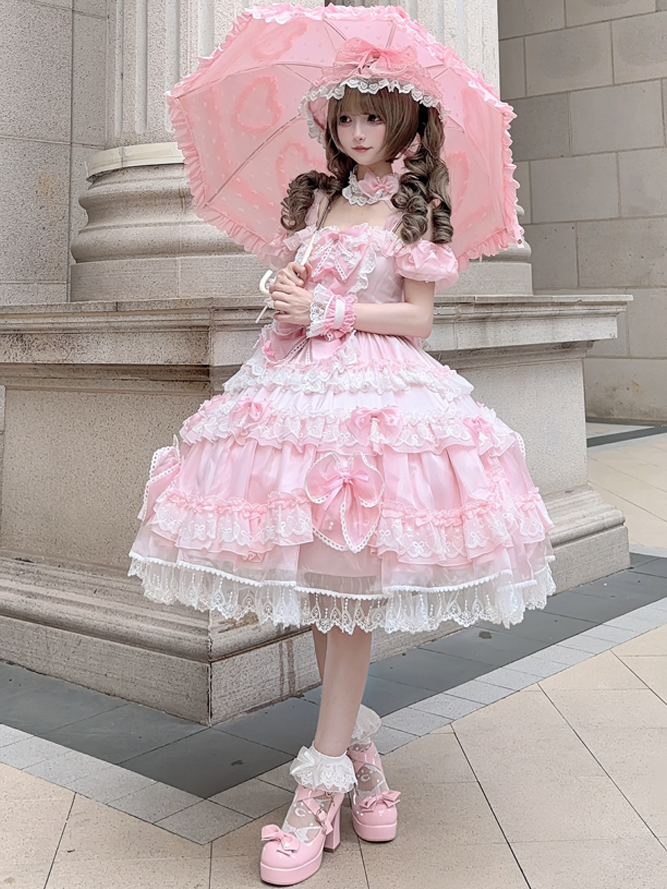 Sweet Pink Bow Accents and Bead Details Princess Lolita Dress with Big Bow at Back