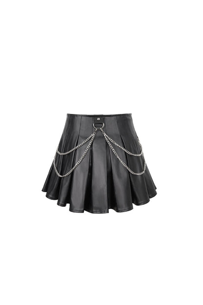 Gothic Women's Pleated Skirt with Faux Leather Web Eyelet Adjustable String and Chain