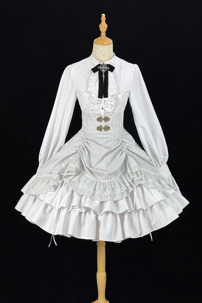 White Point Manor Multi-Striped Print Ruffled Bow Hem Gothic Lolita Skirt