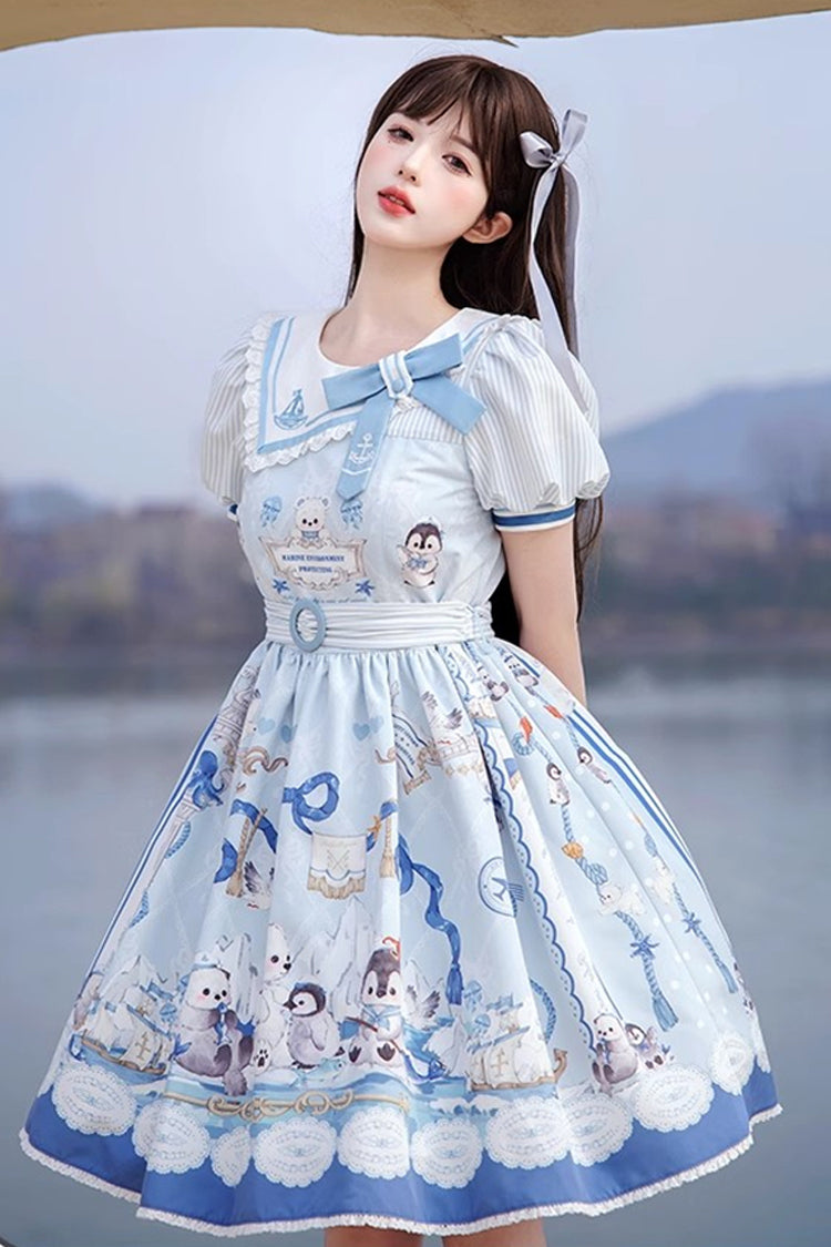 Navy Short-Sleeve Bow-Adorned Princess Gown with Ruffle Print