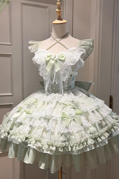 Emerald Promise of Blooming Season Print Ruffle Bowknot Lace Sweet Princess Lolita JSK