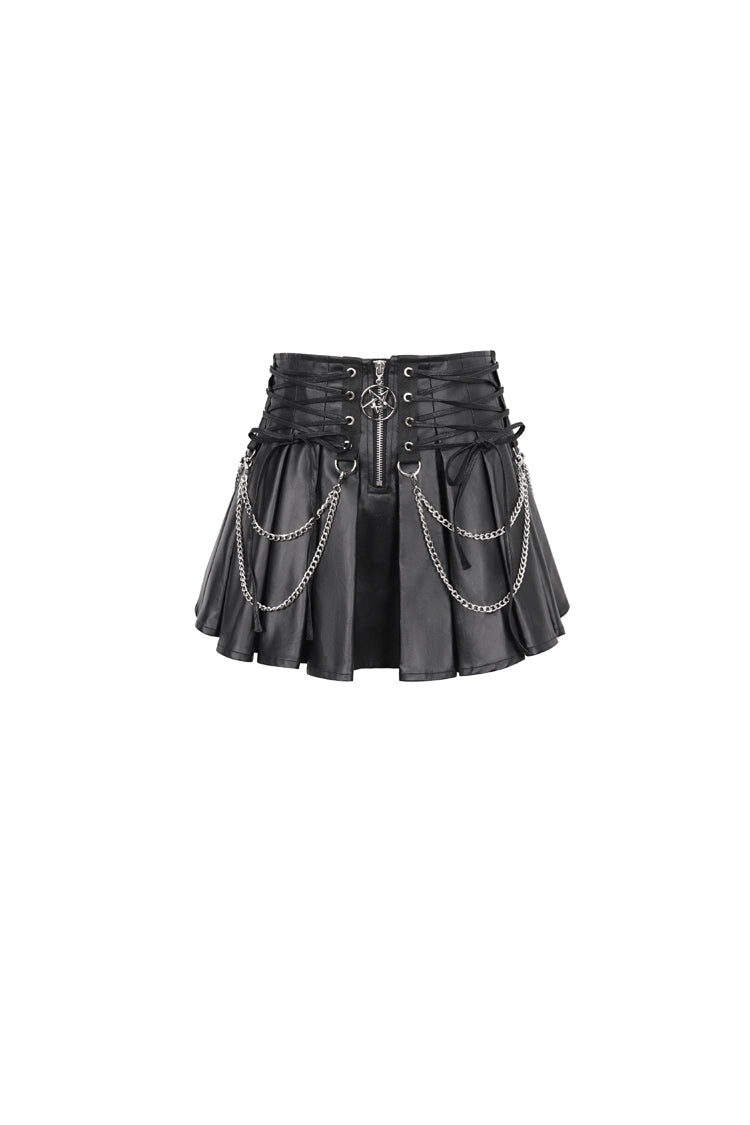 Gothic Women's Pleated Skirt with Faux Leather Web Eyelet Adjustable String and Chain