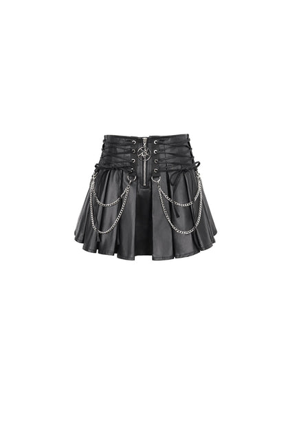 Gothic Women's Pleated Skirt with Faux Leather Web Eyelet Adjustable String and Chain