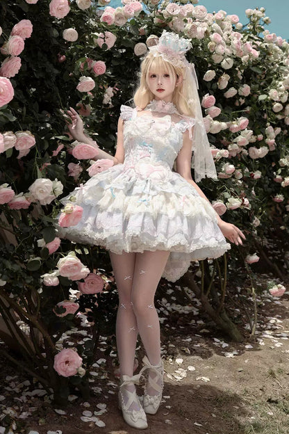 Sweet Lolita JSK Dress with Square Collar and Multi-Layered Ruffled Bow Lace