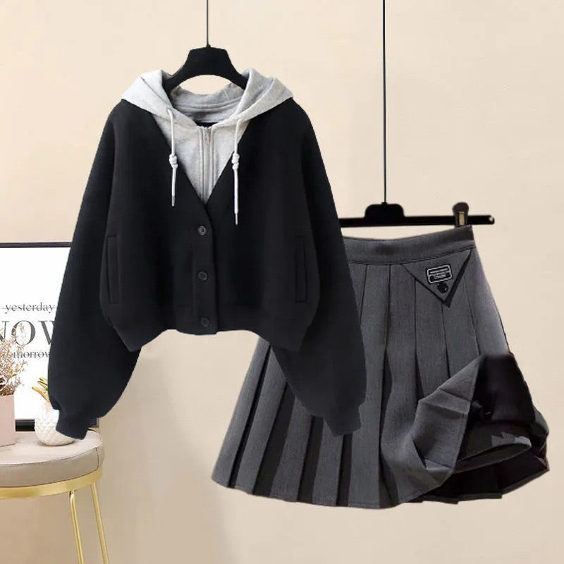 Colorblock Pocket Hoodie Pleated Skirt Set