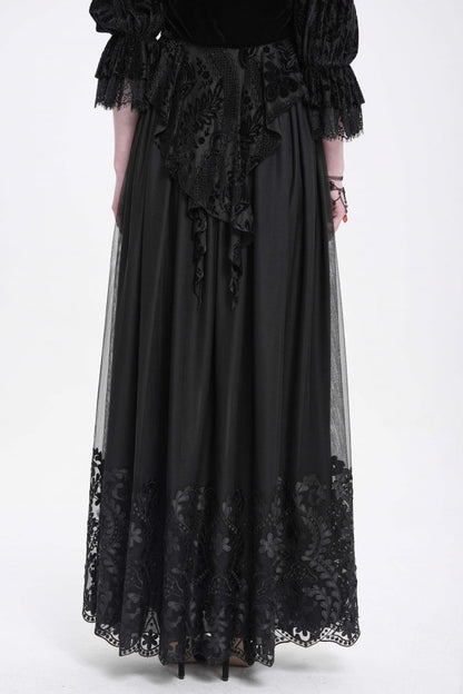 Women's Gothic Floral Mesh Skirt with Black Stitching