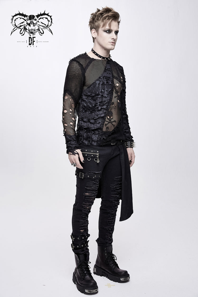Punk T-Shirt for Men with Mesh Stitching and Round Collar