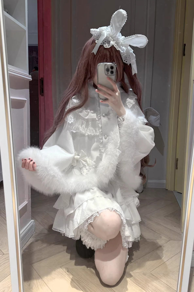 Multi-Layered Ruffled Bow Skirt Set - White Snow Season Love Letter