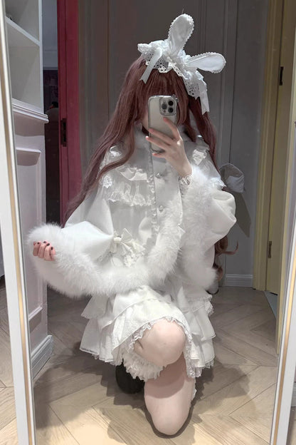 Multi-Layered Ruffled Bow Skirt Set - White Snow Season Love Letter